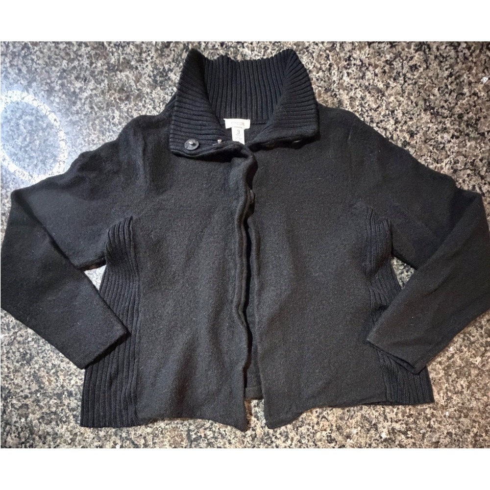 Chicos Black Wool‎ Blend Magnetic Closure Cardigan Sweater Ribbed Size 3 Large